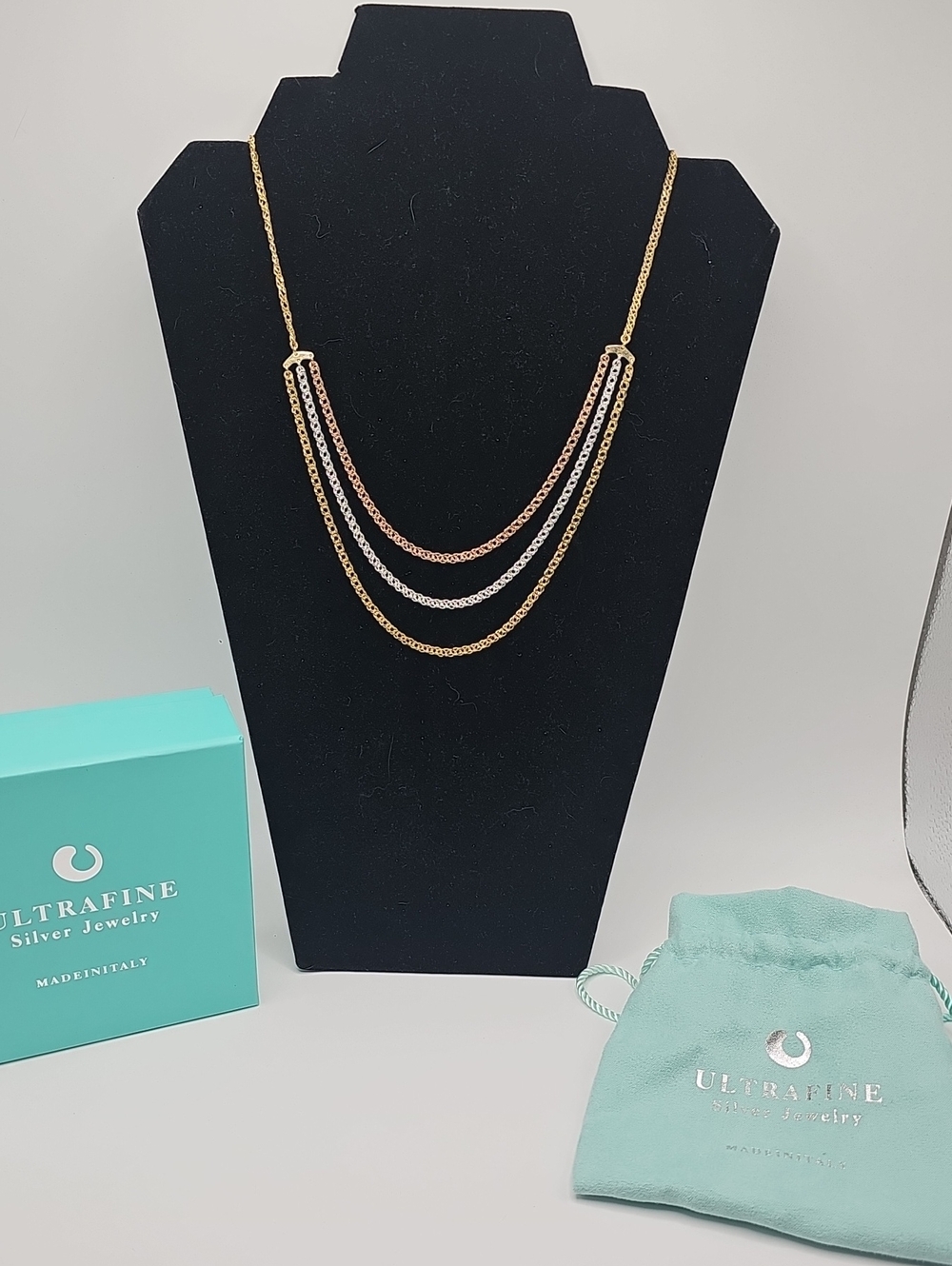 UltraFine 950 Milor ITALY Tri-Tone Layered Chain Necklace - Gold, Rose, Silver